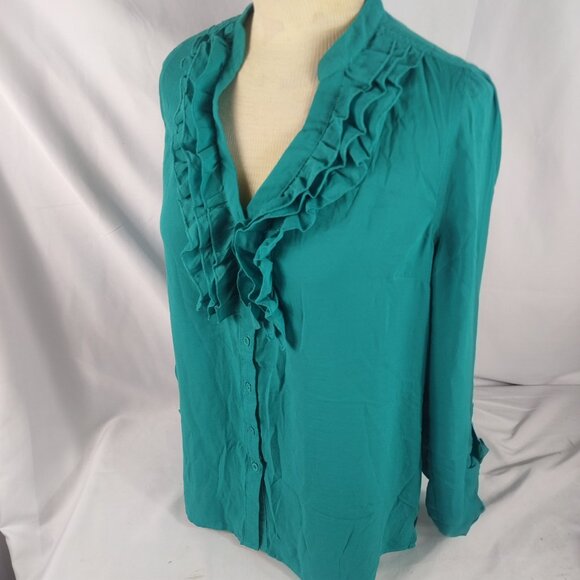 Forever 21 Womens Green Long Sleeve Button Down Ruffle Blouse Size Large - Picture 2 of 5